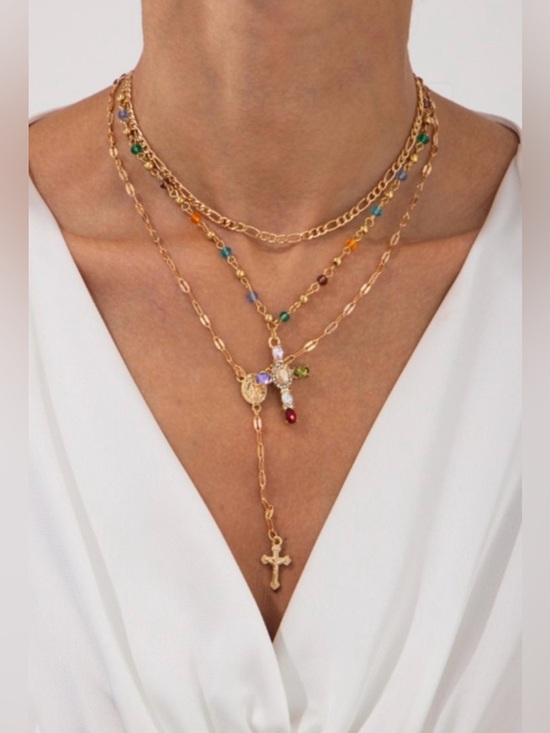Jewelry - Gold Multicolor Beaded Layered Cross Necklace - DOUBLE-LAYER Y-SHAPED TASSEL